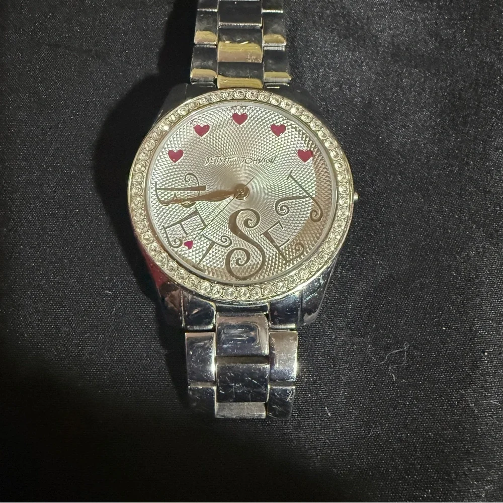 Betsey Johnson Silver Watch with Pink Heart Accents